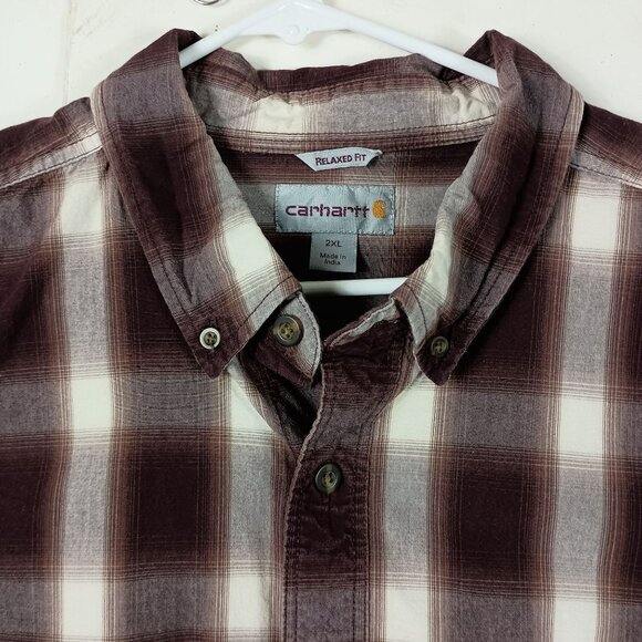 Carhartt Relaxed Fit Plaid Shirt 2XL Brown Short Sleeve Button Front Workwear - Picture 4 of 6